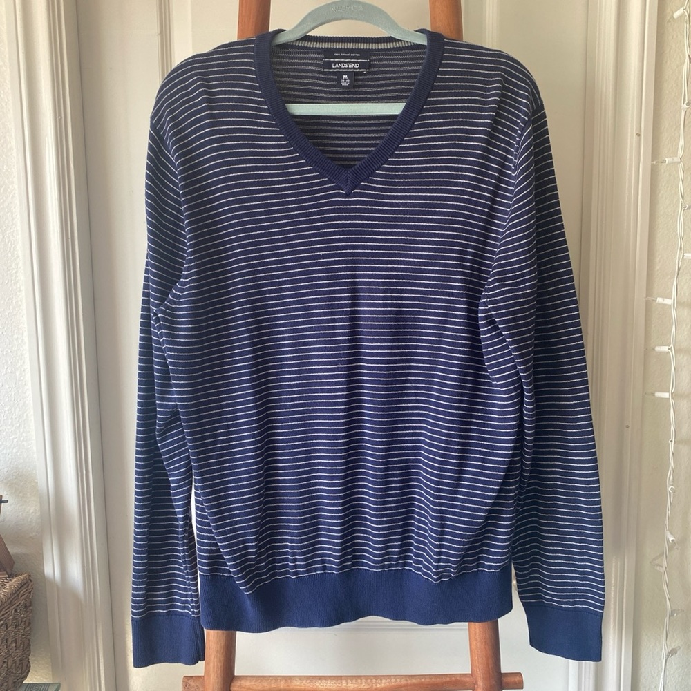Navy blue with white pinstripe sweater